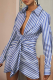 Blue Casual Striped Patchwork Turndown Collar Shirt Dress Dresses