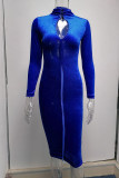 Blue Sexy Solid Hollowed Out Patchwork Zipper Turtleneck One Step Skirt Dresses