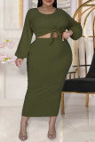 Army Green Fashion Casual Solid Bandage O Neck Plus Size Two Pieces