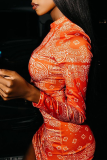 Orange Sexy Print Patchwork Half A Turtleneck Pencil Skirt Dresses