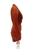 Tangerine Red Sexy Solid Patchwork Turndown Collar Long Sleeve Two Pieces