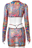 Multicolor Sexy Print Mesh Half A Turtleneck Pencil Skirt Dresses