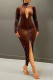 Brown Sexy Solid Hollowed Out Patchwork Zipper Turtleneck One Step Skirt Dresses