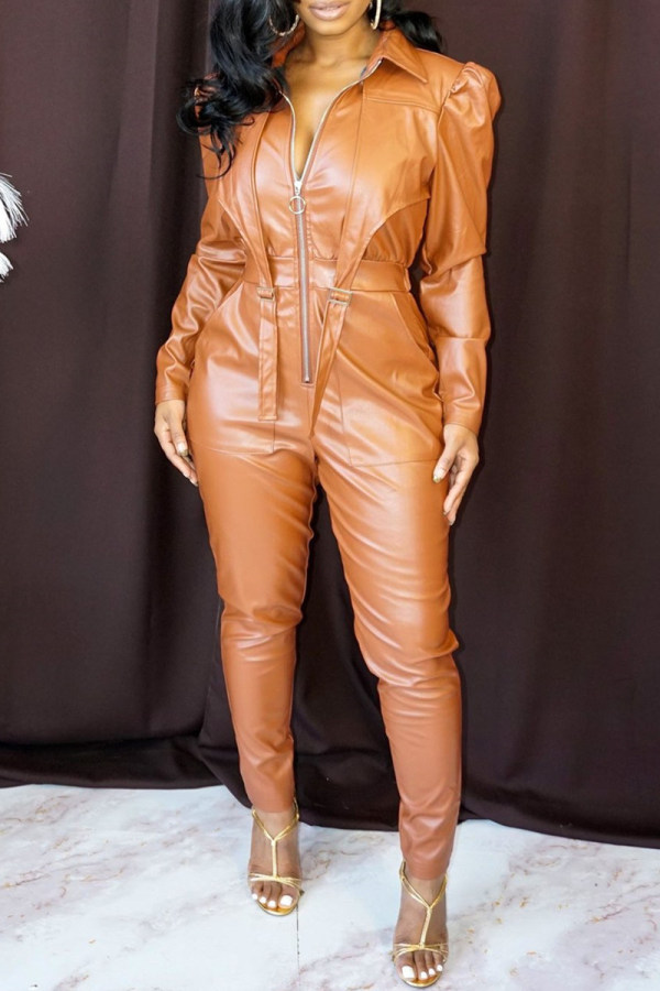 Orange Fashion Casual Solid Patchwork Turndown Collar Regular Jumpsuits