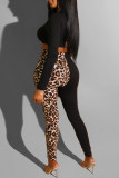 Black Fashion Casual Print Leopard Patchwork V Neck Long Sleeve Two Pieces