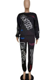 Black Casual Street Print Patchwork O Neck Long Sleeve Two Pieces