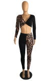 Black Fashion Casual Print Leopard Patchwork V Neck Long Sleeve Two Pieces