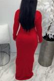 Red Sexy Solid Split Joint V Neck Dresses