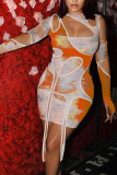 Tangerine Red Sexy Print Hollowed Out O Neck Pencil Skirt Dresses