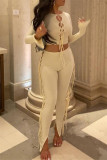 Apricot Fashion Sexy Solid Tassel Bandage O Neck Long Sleeve Two Pieces