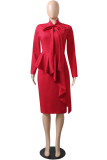 Red Casual Solid Patchwork Flounce Asymmetrical With Bow Asymmetrical Collar Plus Size Two Pieces