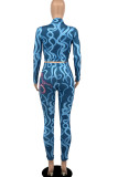 Lake Blue Sexy Print Split Joint Turtleneck Long Sleeve Two Pieces