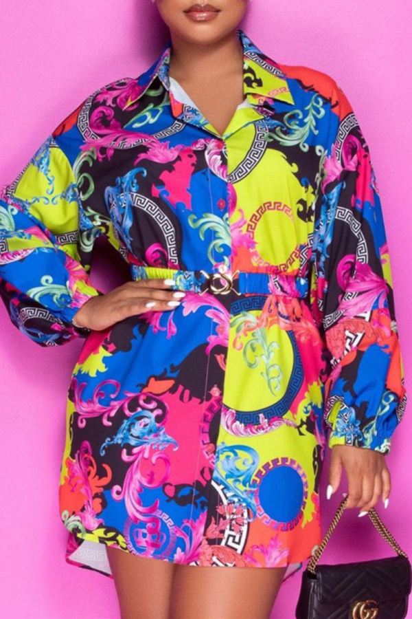 Multicolor Fashion Casual Print With Belt Turndown Collar Shirt Dress