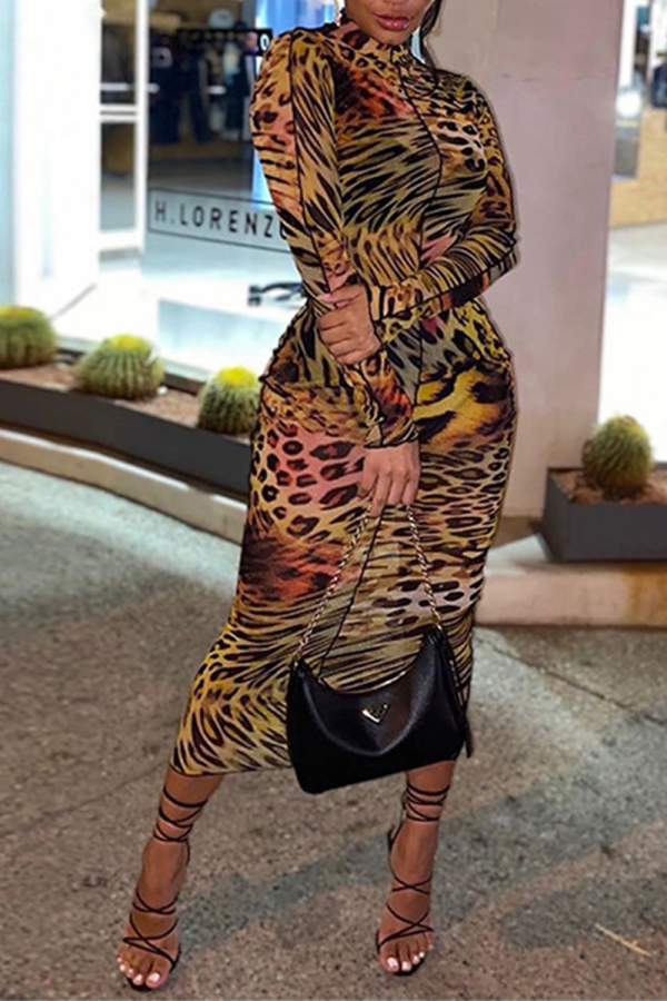 Multicolor Sexy Print Patchwork Mesh Half A Turtleneck Pencil Skirt Dresses