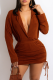 Tangerine Red Sexy Solid Patchwork Turndown Collar Long Sleeve Two Pieces