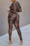 Brown Sexy Print Patchwork Turndown Collar Skinny Jumpsuits
