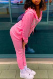 Pink Fashion Casual Letter Print Patchwork Hooded Collar Long Sleeve Two Pieces