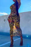Multicolor Sexy Print Patchwork Mesh Half A Turtleneck Pencil Skirt Dresses