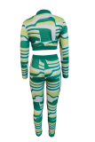 Green Sexy Print Patchwork Zipper Collar Long Sleeve Two Pieces