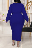 Blue Fashion Casual Solid Bandage O Neck Plus Size Two Pieces