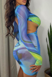 Blue Sexy Print Patchwork O Neck Pencil Skirt Dresses