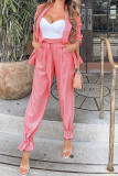 Pink Casual Solid Patchwork With Belt Turn-back Collar Long Sleeve Two Pieces