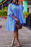Red Casual Striped Print Patchwork Buckle Turndown Collar Shirt Dress Dresses