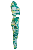 Green Sexy Print Patchwork Zipper Collar Long Sleeve Two Pieces