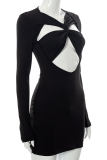 Black Sexy Solid Hollowed Out V Neck Pencil Skirt Dresses
