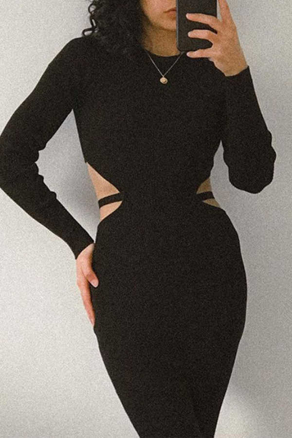 Black Sexy Solid Hollowed Out O Neck Pencil Skirt Dresses