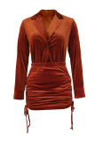 Tangerine Red Sexy Solid Patchwork Turndown Collar Long Sleeve Two Pieces