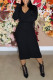 Black Casual Solid Patchwork Buckle V Neck One Step Skirt Dresses