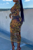 Multicolor Sexy Print Patchwork Mesh Half A Turtleneck Pencil Skirt Dresses