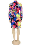 Multicolor Fashion Casual Print With Belt Turndown Collar Shirt Dress