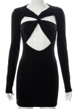 Black Sexy Solid Hollowed Out V Neck Pencil Skirt Dresses