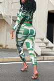 Green Sexy Print Patchwork Zipper Collar Long Sleeve Two Pieces