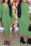 Light Green Casual Solid Patchwork Buckle V Neck One Step Skirt Dresses
