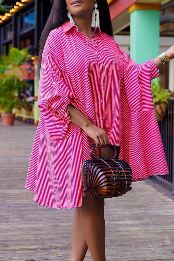 Red Casual Striped Print Patchwork Buckle Turndown Collar Shirt Dress Dresses