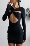 Black Sexy Solid Hollowed Out V Neck Pencil Skirt Dresses