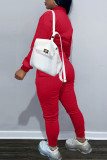 Red Casual Solid Split Joint Buckle Long Sleeve Two Pieces