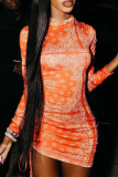 Orange Sexy Print Patchwork Half A Turtleneck Pencil Skirt Dresses