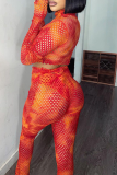 Red Sexy Print Mesh Half A Turtleneck Long Sleeve Two Pieces