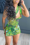 Green Sexy Print Hollowed Out One Shoulder Pencil Skirt Dresses
