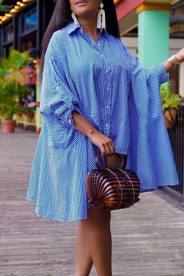 Blue Casual Striped Print Patchwork Buckle Turndown Collar Shirt Dress Dresses