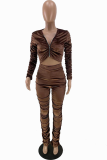 Khaki Casual Solid Patchwork V Neck Long Sleeve Two Pieces