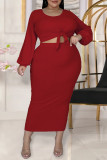 Purple Fashion Casual Solid Bandage O Neck Plus Size Two Pieces