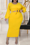 Pink Fashion Casual Solid Bandage O Neck Plus Size Two Pieces