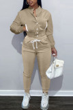Khaki Casual Solid Split Joint Buckle Long Sleeve Two Pieces