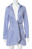 Blue Casual Striped Patchwork Turndown Collar Shirt Dress Dresses