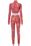 Red Sexy Print Mesh Half A Turtleneck Long Sleeve Two Pieces